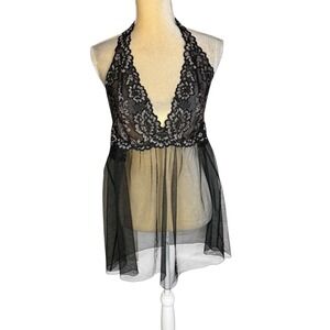 Victorias Secret Black Lace Mesh Halter Babydoll Lingerie Chemise XL TG
